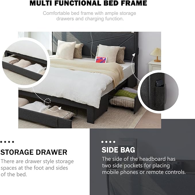 Queen Size Bed Frame with 3 Drawers, Upholstered Queen Size Bed Frame with Storage Headboard, AC USB & Type C Charge Station,Wooden Support Slats No Box Spring Needed Easy Assembly,Grey