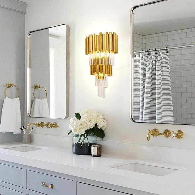 WABON Modern Crystal Wall Sconce Lighting 3-Light Gold Wall Sconce Crystal Hallway Wall lamp for Living Room Antique Gold