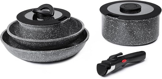 7pcs Pots and Pans Set Non Stick from France, Ceramic Cookware Set with Removable Handle, Induction RV Kitchen Cookware Set, Stackable, PFOA and PFAS Free, Oven Safe, Black Granite