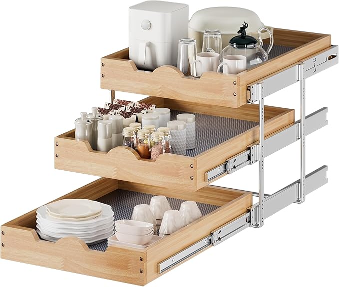 DINDON 3 Tier Pull Out Cabinet Organizer 17”W X21”D Slide Out Shelves With Shelf Liner for Kitchen Wood Roll Out Drawers Pantry Organization