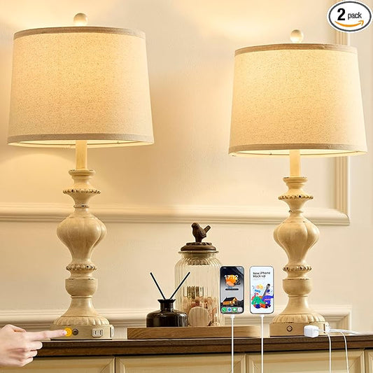 27.5" Farmhouse Table Lamps Set of 2 Bedside Nightstand Lamp with USB C+A Ports & AC Outlet, 3 Way Dimmable Touch Lamps for Bedroom Living Room Office Hallway Rustic Traditional Lamp