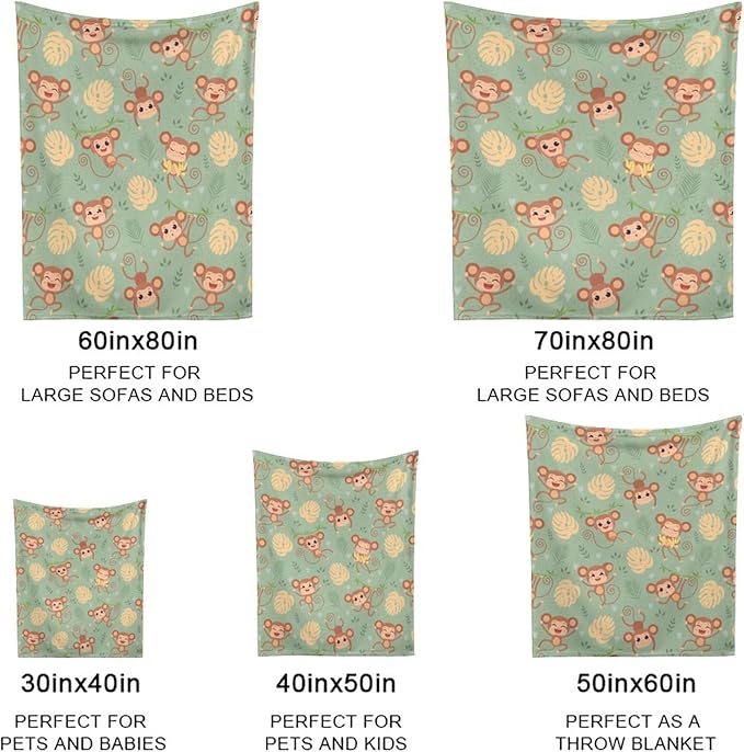 Wild Cute Animals Monkey Throw Blanket, Flannel Fleece Bed Blanket, Soft Cozy Fuzzy Plush Blankets for Couch Sofa Office Traveling Kids Bedroom Adults Living Room All Season, 60"x50"
