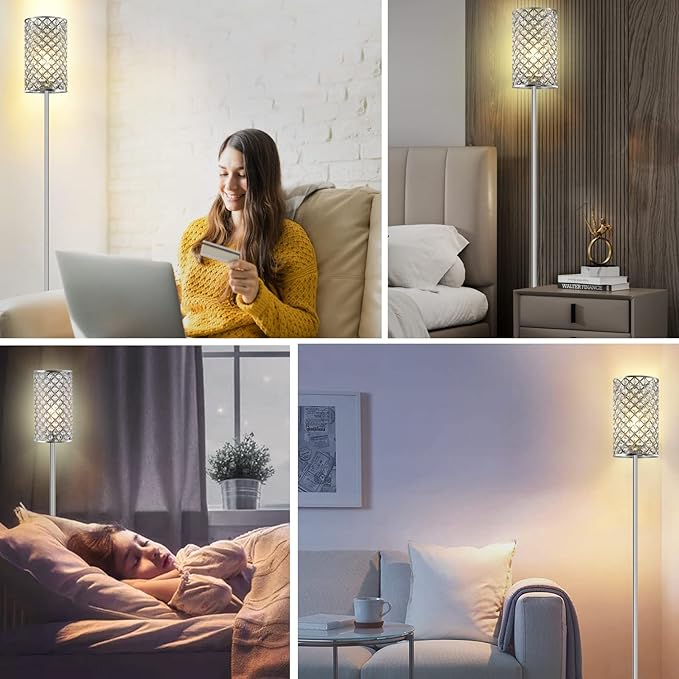 GyroVu Crystal Floor Lamp, Elegant Standing Lamp Modern Floor Lamp Silver Finish Tall Pole Lamp Accent Light with On/Off Foot Switch for Living Room, Girl Bedroom, Dresser, Office