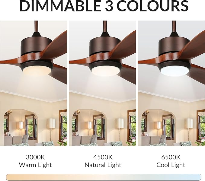 reiga 52 Inch Smart Wood Ceiling Fan with Light and Remote Control, Quiet DC Motor 3 Blades Propeller Ceiling Fans for Patio, Living Room, Farmhouse