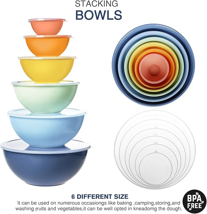 6-Piece Plastic Mixing Bowl Set with Lids for Kitchen, Nesting Storage Bowls for Baking, Prepping,Cooking and Serving Food, Dishwasher, Microwave Safe,Great for Mixing & Serving,Light blue