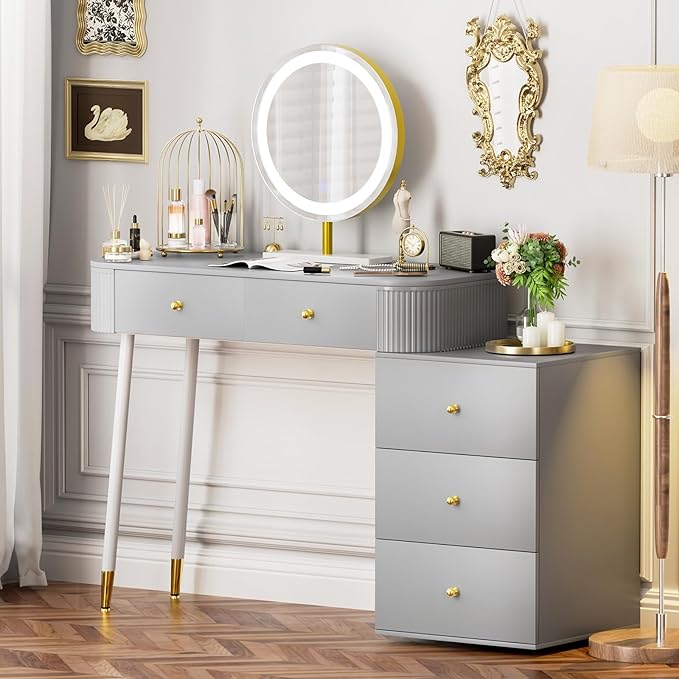 WinZo 36" Vanity Desk with Mirror and 3 Light Modes, Dressing Table Set with 5 Sliding Drawers, Makeup Desk with Charging Station, Modern Vanity for Small Spaces & Bedroom, Gray