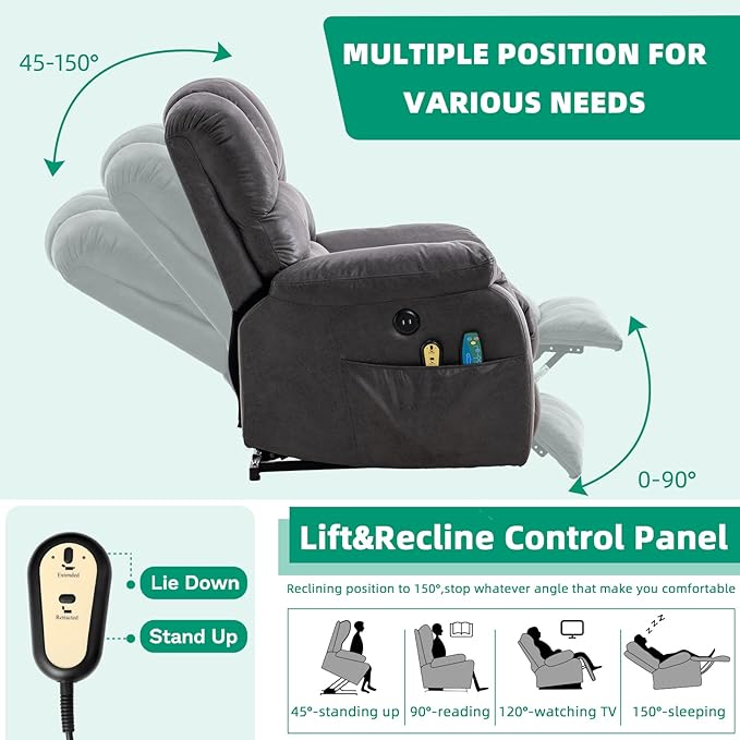 VIVIJASON Large Power Lift Chair Electric Recliner with Heat & Massage for Elderly Big People, Heavy Duty and Safety Motion Wide Recliners with 2 Remote Controls, Side Pockets & USB Ports, Gray