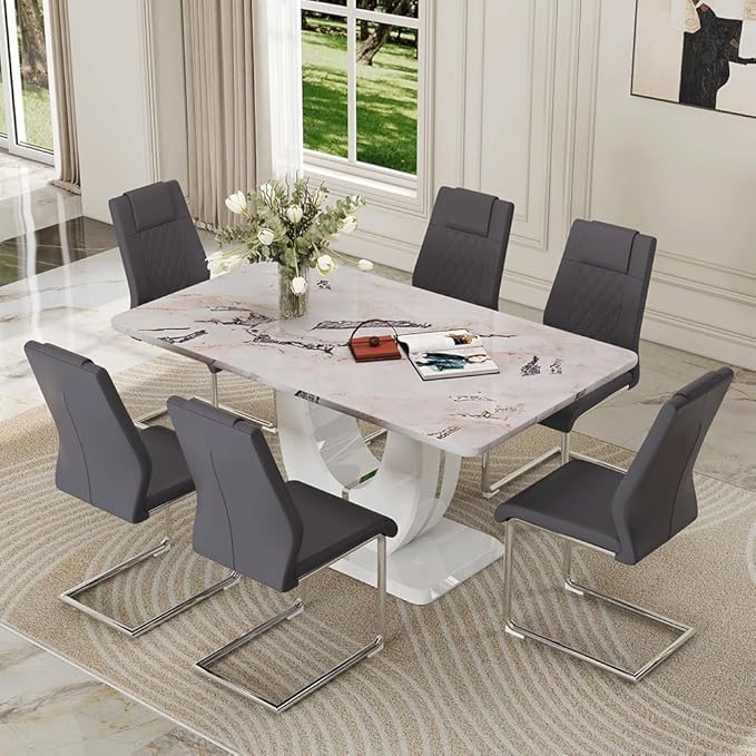 Dining Table Set for 6, Kitchen Table Chairs Set of 6, Modern Dining Room Set 63'' Faux Marble Dinner Table PU Leather Upholstered Chairs for Kitchen