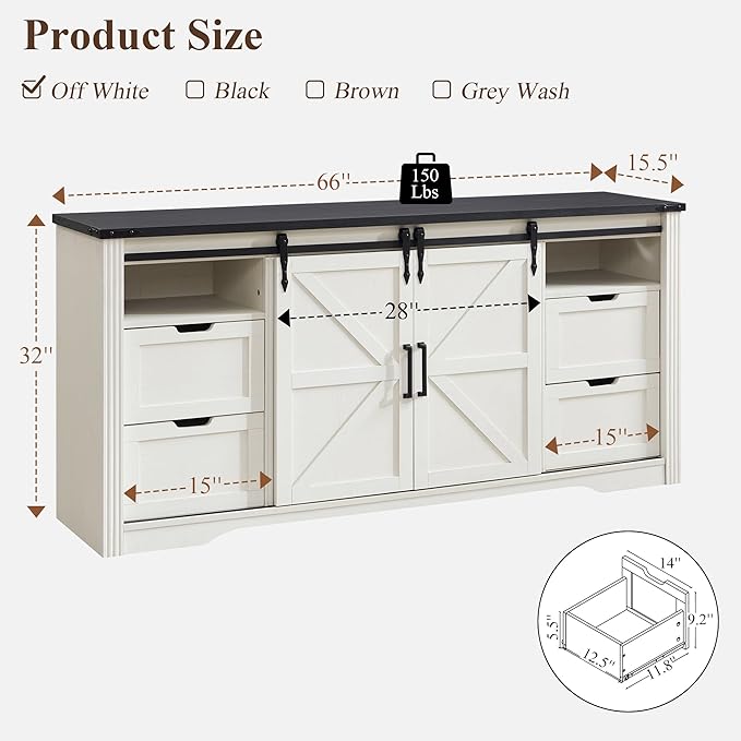LINGMU Farmhouse TV Stand for 75 80 Inch TV, 32" Tall Entertainment Center w/4 Drawers & Sliding Barn Door, Rustic Media Console w/Storage Shelves, 66" Wood Television Stand for Living Room, Off White