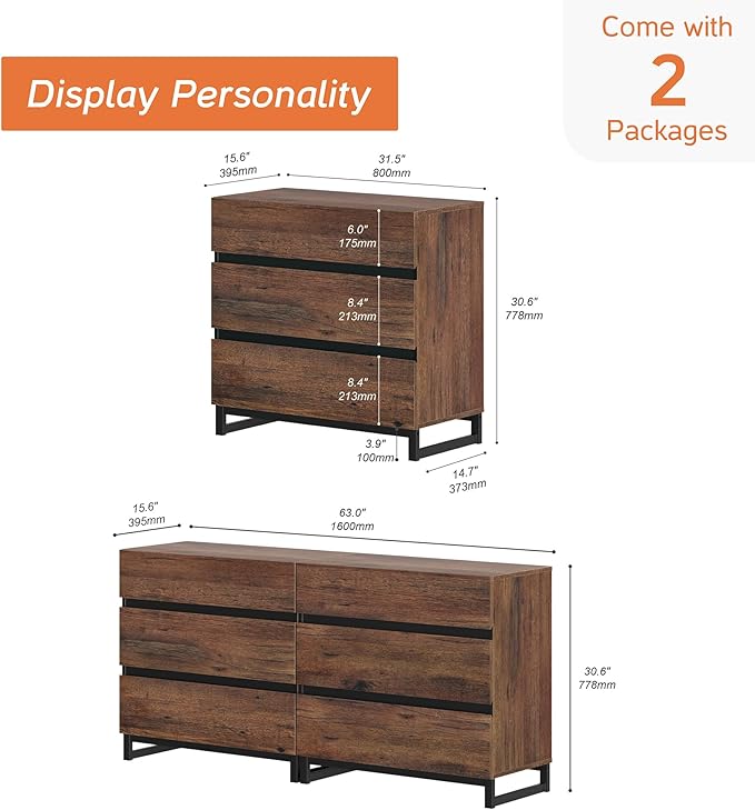 Wampat Modern TV Stand for up to 70 inch TVs, Entertainment Center Console with 6 Drawers and Metal Base, Living Room, Bedroom, Brown