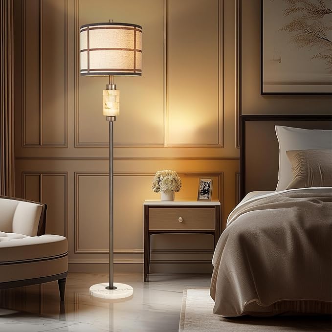 Natural Alabaster Floor Lamp, Lamps for Bedroom, Tall Lamp with Night Light, Marble Base, Linen Shade,Living Room Lamp, Standing Lamp for Living Room Bedroom Office - Brown (Bulb Included)