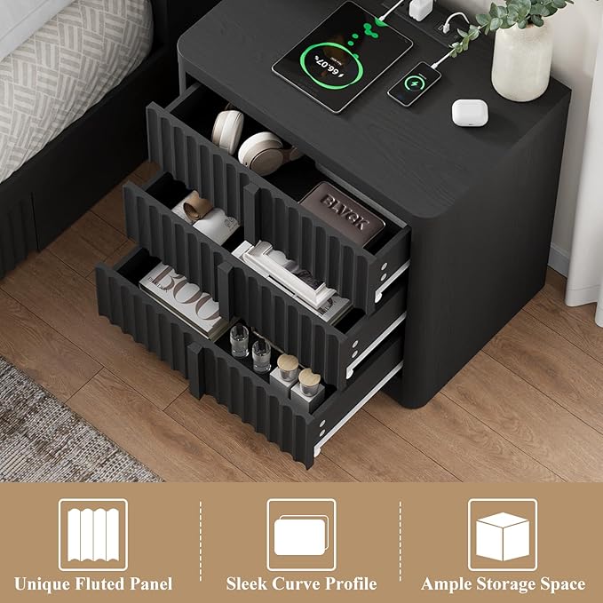 Fluted Night Stand with Charging Station, 23.6" Nightstand with Solid Wood Handle, Mid Century Moden Bedside Table End Table 3 Drawer Dresser for Bedroom, Living Room, Black