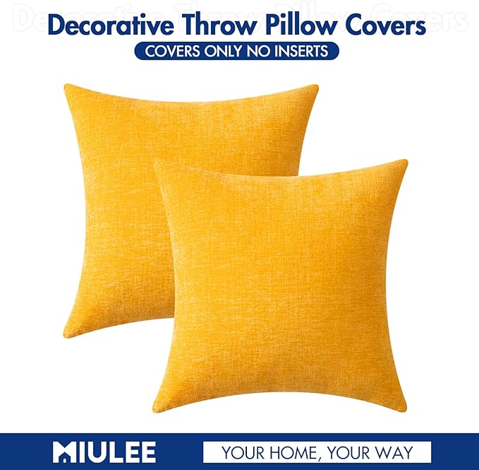 MIULEE Pack of 2 Couch Throw Pillow Covers 18x18 Inch Soft Goose Yellow Chenille Pillow Covers for Sofa Living Room Solid Dyed Pillow Cases