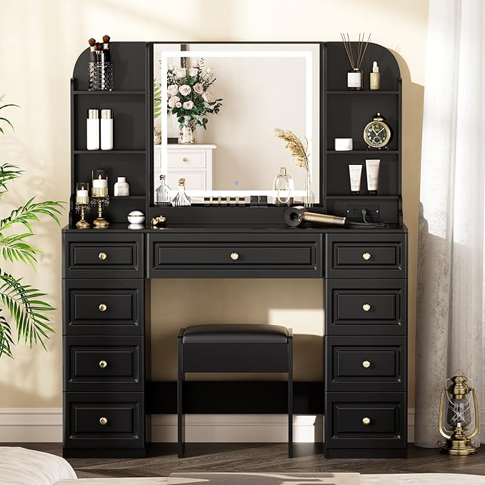 43" Makeup Vanity Desk with Mirror and Lights, & Power Outl, Glass Top Big Vanity Table with 9 Drawers& 8 Storage Shelves, Dressing Table Set with Chair for Bedroom, Black
