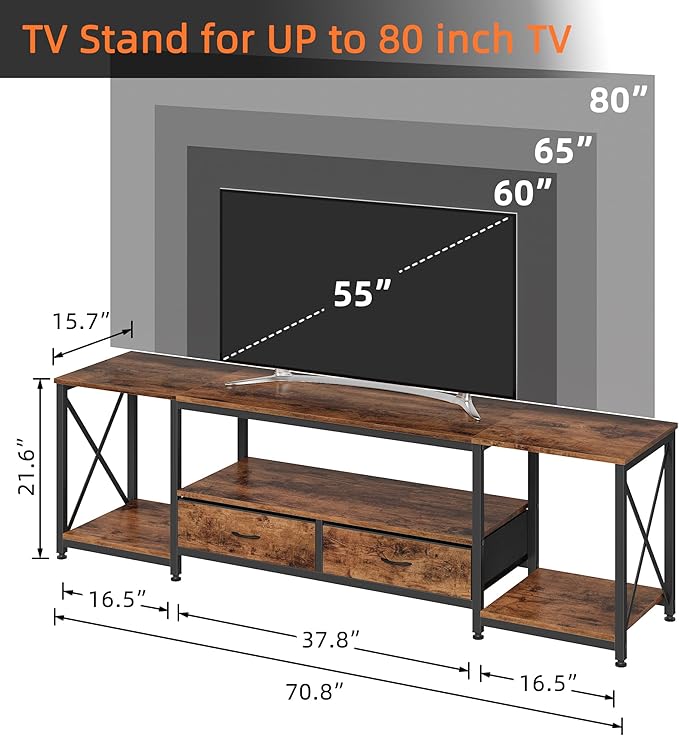 TV Stand with Fabric Drawers - Entertainment Center and Industrial Console Table with Open Storage Shelves for Living Room, Bedroom - 71.5" Rustic Brown
