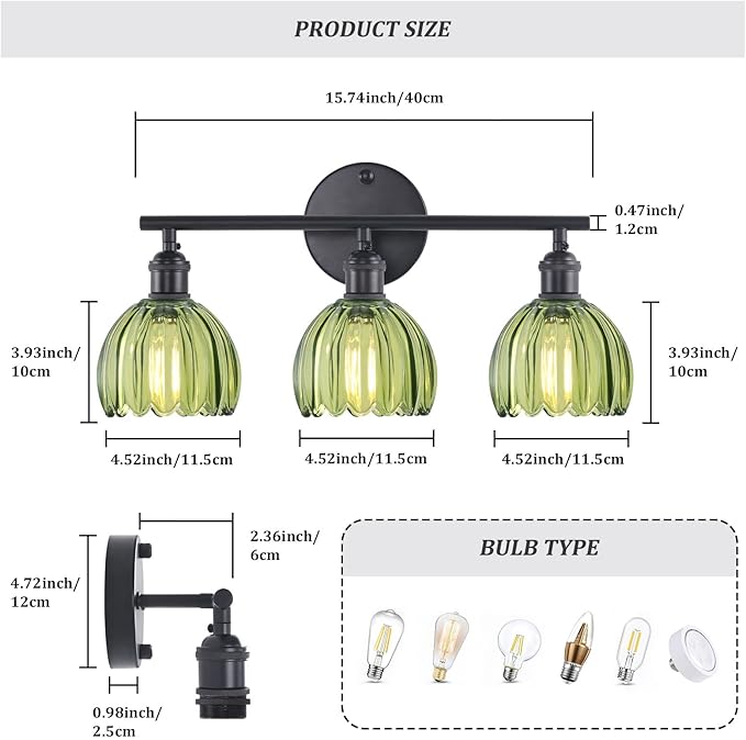 Bathroom Light Fixtures, 3-Light Black Vanity Wall Light Over Mirror with Green Tulip Glass Shade for Bedroom Living Room