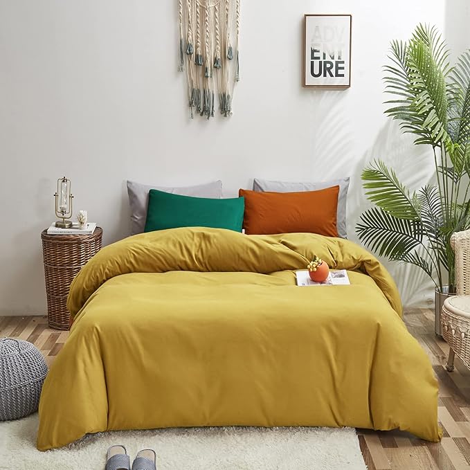 Luxlovery Mustard Yellow California King Comforter Set Bedding Set Dark Yellow King Blanket Quilts Soft Breathable Quilts with 1 Green+1 Caramel Pillowcase for Women Men