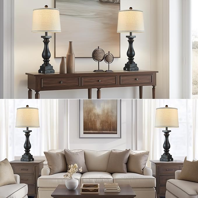 28" Tall Farmhouse Table Lamps with USB C+A Ports and AC Outlet, 3 Way Touch Control Rustic Bedside Lamps for Bedroom, Black Vintage Nightstand Lamps for Living Room Office