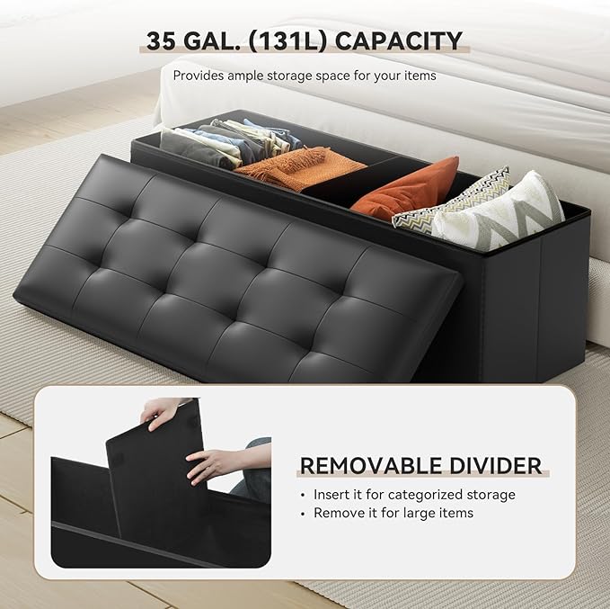 Storage Ottoman Bench, 43 Inch Ottoman Foot Rest, End of Bed Bench, Storage Chest, Load 700 lb, for Living Room, Bedroom, Entryway, Black