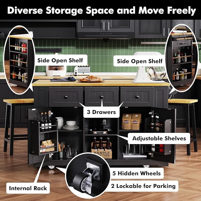Rolling Kitchen Island with Storage, Kitchen Cart on Wheels with Drop Leaf, Mobile Kitchen Storage Cart with Power Outlet, Open Side Racks, 53 Inch Width, Three Drawers (Black)