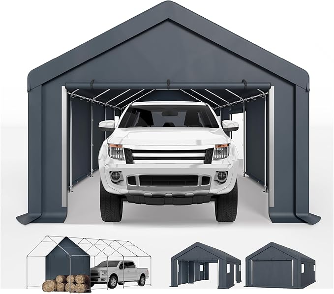 Sophia & William Carport Storage Shed 13x24 ft Portable, Heavy Duty Car Port Canopy Garage Shelter with Sidewalls and Roll Up Doors for Automobile Boat Motorcycle Bike, Gray