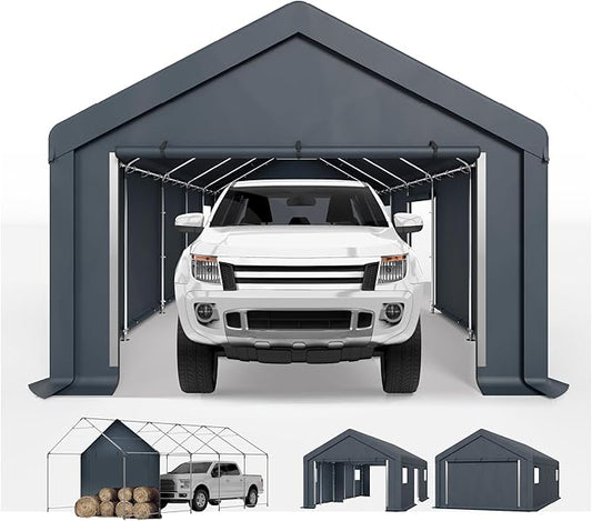 Sophia & William Carport Storage Shed 13x24 ft Portable, Heavy Duty Car Port Canopy Garage Shelter with Sidewalls and Roll Up Doors for Automobile Boat Motorcycle Bike, Gray