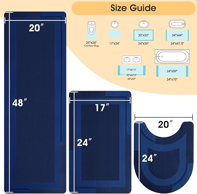 ACCUMTEK Ultra Thin Bath Mats Fit Under Door 3 Piece, Upgrade Backing Non Slip Bath Mat, Quick Dry Absorbent Bath Mat, Machine Washable Bathroom Rugs for Bathroom Floor, Bathtub, Kitchen, Dark Blue
