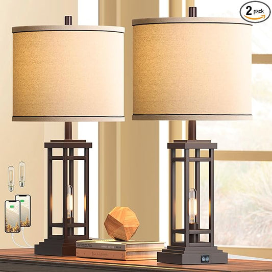 ROTTOGOON 27.5 Tall Farmhouse Table Lamps with USB C + USB A Charge Ports, Rustic Living Room Lamps Set of 2, Black Industrial End Table Lamp for Bedroom Living Room Nightstand (Oil-Rubbed Bronze)