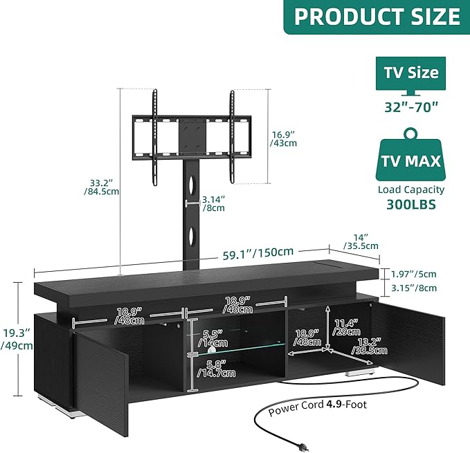 YITAHOME Black TV Stand for Living Room with Height Adjustable Mount, Modern TV Stand for 70/65 Inch TV, LED Entertainment Center with Storage, Media Console Cabinet, Black