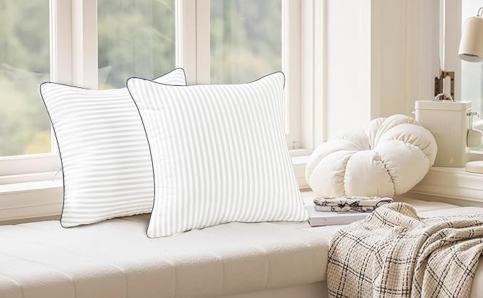 Pillows Insert 22'' x 22'' Set of 2, Decorative Throw Pillows with Luxury Silky Covers for Indoor Couch, Sofa or Bed Decors, White Striped Cushion Sham Stuffer