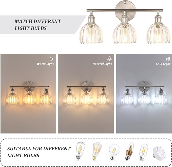 Bathroom Light Fixtures, 3-Light Vanity Wall Light Over Mirror with Clear Tulip Glass Shade for Bedroom Living Room, Satin Nickel