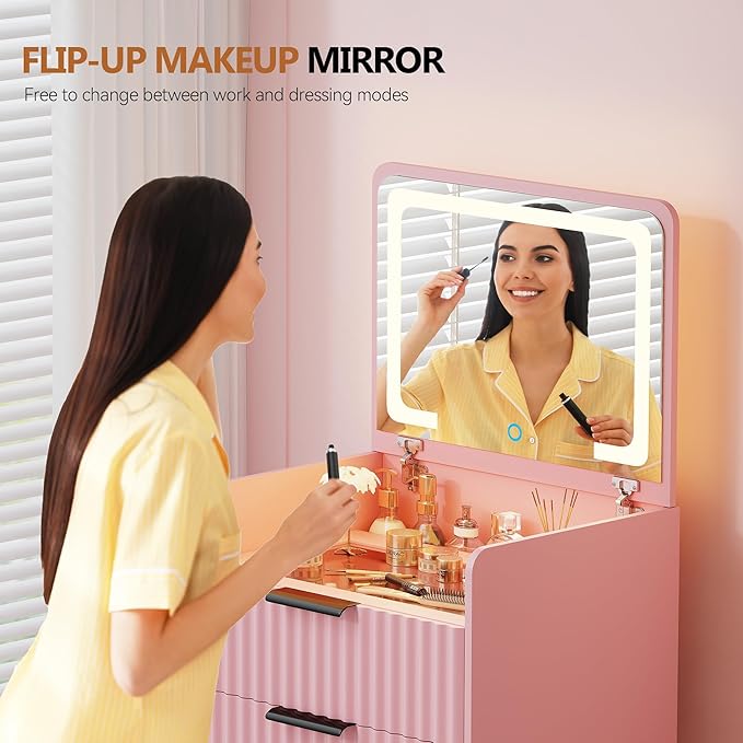 LED Fluted Compact Vanity Desk with Flip Top Mirror, 3 in 1 Small Makeup Table with Glass Desktop, Storage Compartment and Cushioned Stool with Wheels,3 Drawers, for Girl Bedroom Pink