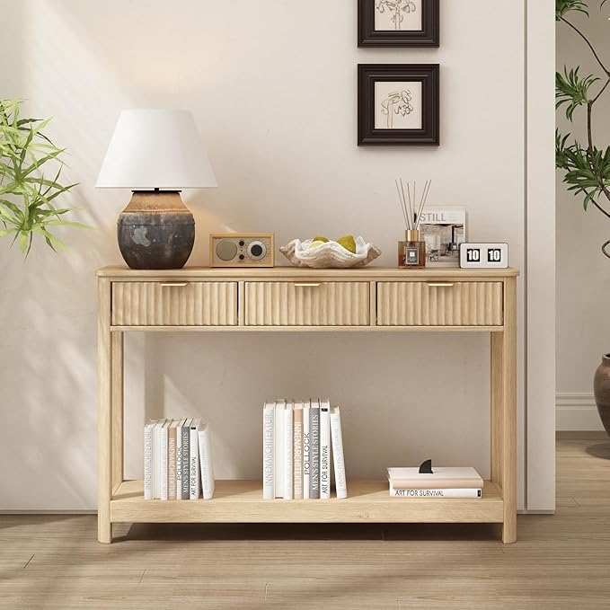 RUSTOWN Fluted Wood Console Table with 3 Drawers, Boho Narrow Behind Couch Entryway Table with Open Storage Shelf, Modern Sofa Table for Living Room, Foyer and Hallway (Natural Wood)