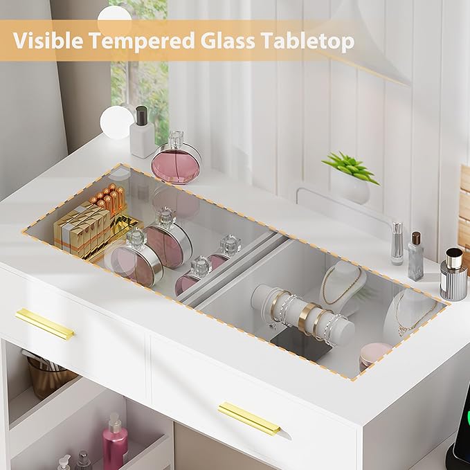 BEWISHOME White Vanity Desk with Mirror and Lights,Makeup Vanity Set with Glass Top,Large Dressing Table with Charging Station,4 Drawers,Nightstand,Stool,Makeup Desk for Girls Women Bedroom FST28W