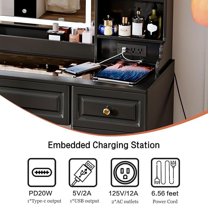 42" Makeup Vanity Desk with Mirror and Lights, & Power Outl, Glass Top Big Vanity Table with 9 Drawers& 8 Storage Shelves, Dressing Table Set with Chair for Bedroom, Black