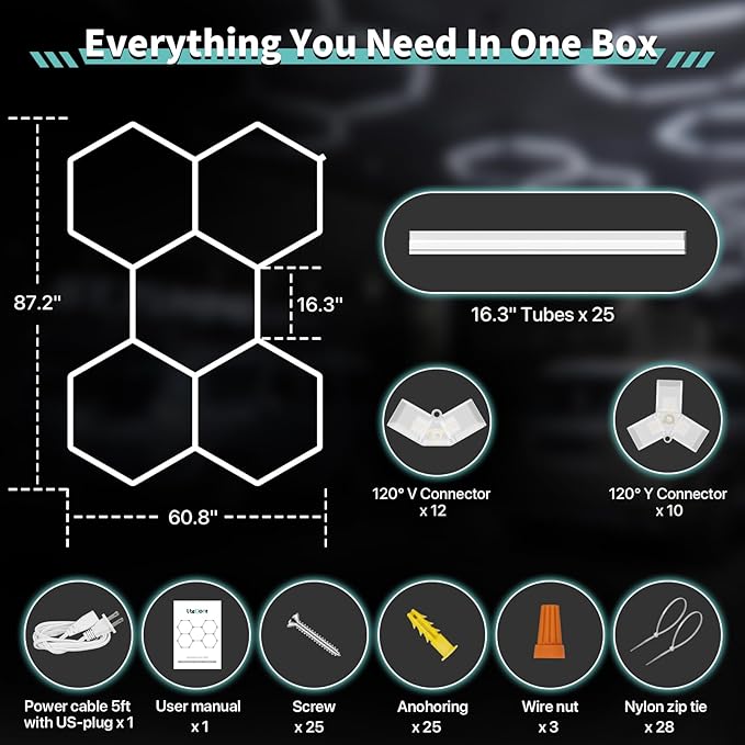 Hexagon Garage Lights: 168W 25 Pack 5 Grids LED Garage Lights - Easy Install 6500K Super Bright Honeycomb Light for Workshop Warehouse Car Detailing Shop Exhibition Hall Gym