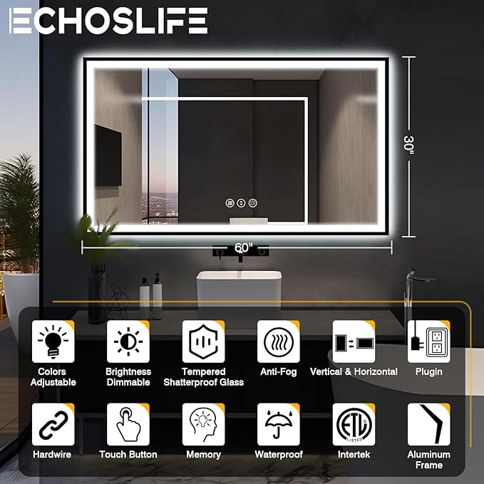 60x30 Large LED Bathroom Vanity Mirror - Black Aluminum Framed, Anti-Fog Illuminated, Stepless Dimmable, 3 Colors Smart (Horizontal/Vertical)