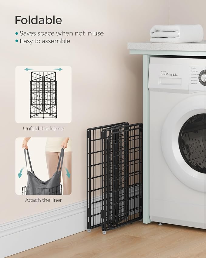 SONGMICS Laundry Hamper, 11 Gal. (50L) Laundry Basket, Collapsible Clothes Hamper, Removable and Washable Liner, Metal Wire Frame, for Bedroom Bathroom, Black and Gray ULCB150G01