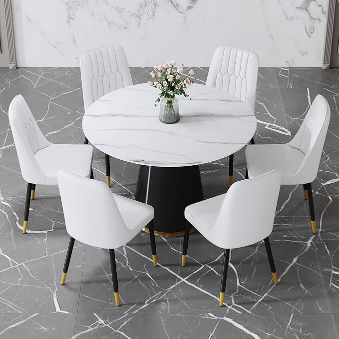 45 Inch Round Dining Table Set for 6, 7 Piece Kitchen Table and Chairs Set, White Faux Marble Table Top, Small Space Dining Set for Apartment or Dining Room