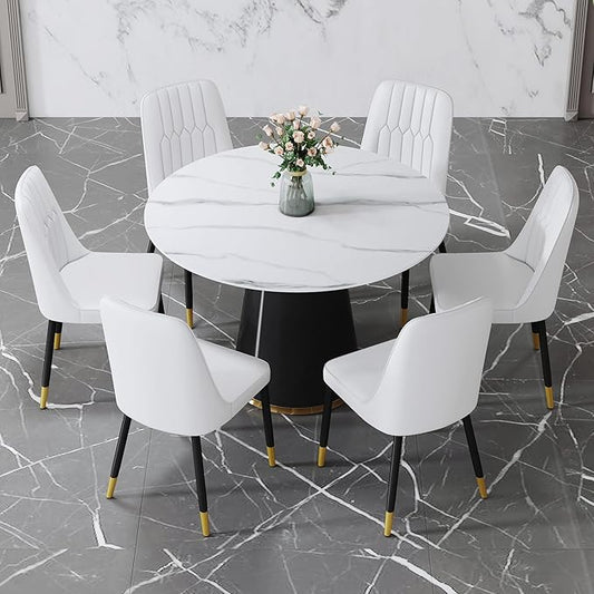 45 Inch Round Dining Table Set for 6, 7 Piece Kitchen Table and Chairs Set, White Faux Marble Table Top, Small Space Dining Set for Apartment or Dining Room
