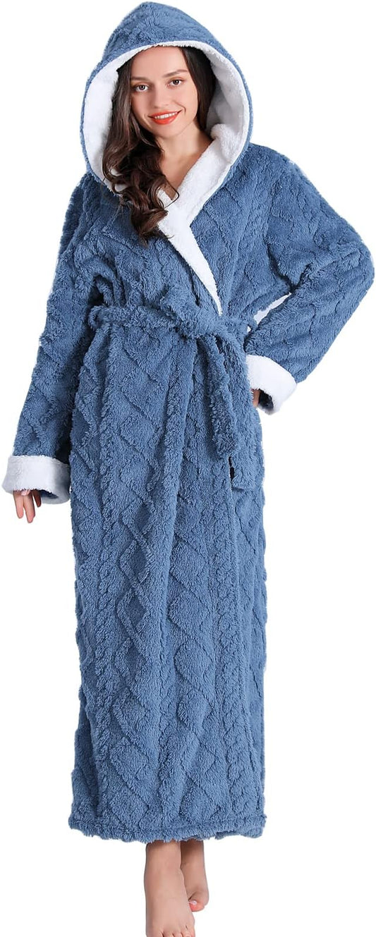 LKG women's robes long plush hooded ladies shower luxury christmas warm fuzzy robes house coat bathrobe for women full length