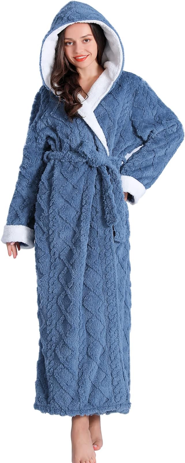 LKG women's robes long plush hooded ladies shower luxury christmas warm fuzzy robes house coat bathrobe for women full length
