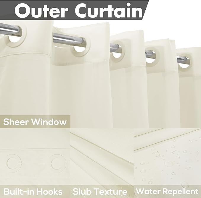 Extra Long No Hook Slub Textured Shower Curtain with Snap-in PEVA Liner Set - 71" x 98"(96"), Hotel Style with See Through Top Window, Cream Fabric Curtain & Waterproof Liner, Sand, W71xH96