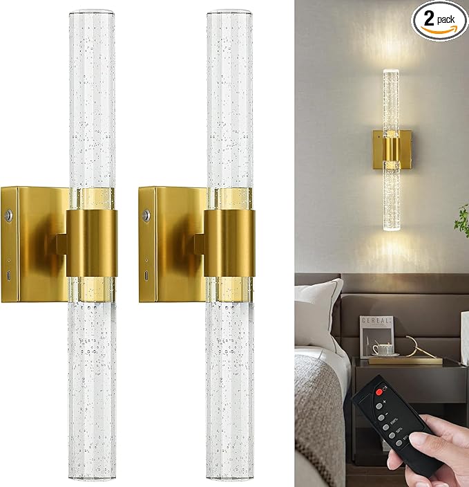 Gold Wall Sconces Set of Two Battery Operated, Wireless Rechargeable Wall Sconce Set of 2 with Remote Control, Modern LED Wall Light for Bedroom, Living Room, Hallway (4000K)