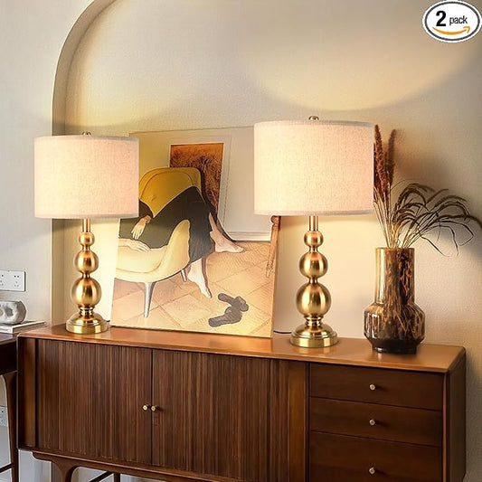 Gold Table Lamp Set of 2, 24.4" Table Lamps for Living Room, Gold Tall Skinny Table Lamps, Modern Buffet Lamp for Bedroom Bedside, Nightstand, Desk, End Table, Entry Way