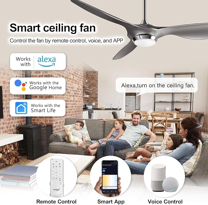 reiga 52 Inch Modern Smart WiFi Ceiling Fan with Light and Remote Control, Living Room Bedroom Patio 3 Blade Ceiling Fans with Reversible Mute DC Motor, Silver