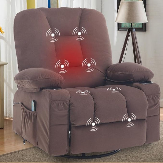 Recliner Chair for Adults, Rocker Recliners with Massage and Heat, Fabric Overstuffed Swivel Glider with Cup Holder Side Pocket, Manual Reclining Sofa Chair for Living Room,Brown