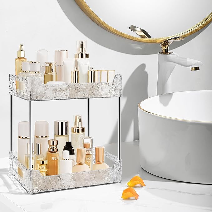 2-Tier Bathroom Counter Organizer Countertop Storage, Dresser Organizer Vanity Tray for Makeup, Perfume Organizer Cosmetics Skincare Shelf - Clear