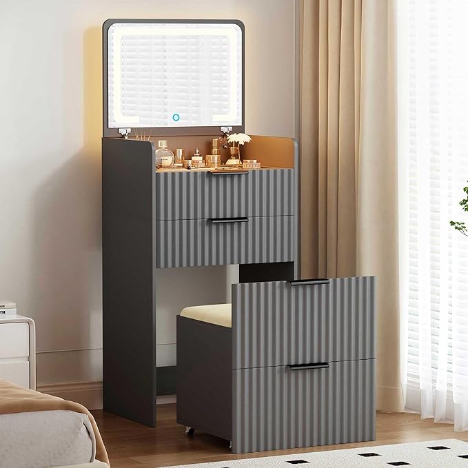 LED Compact Makeup Vanity with Flip Top Mirror, 3 in 1 Small Vanity Set with Glass Desktop, Mini Dressing Table with Storage Compartment and Cushioned Stool,3 Drawers, Bedroom Gray