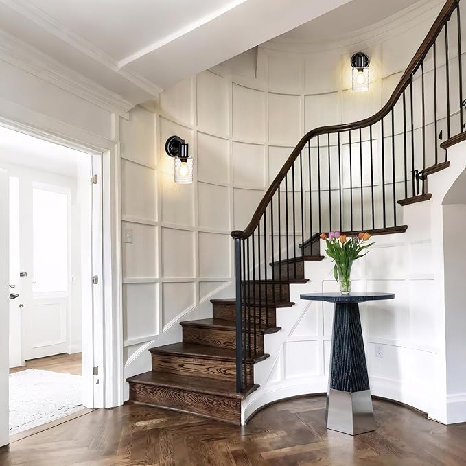 Wall Sconces Set of 2 - Matte Black Vanity Lights for Bathroom Modern Wall Light Fixtures with Rotary Switch - Wall Mount Light with Hammered Glass,Farmhouse Wall Lamp for Bedroom Mirror Living Room